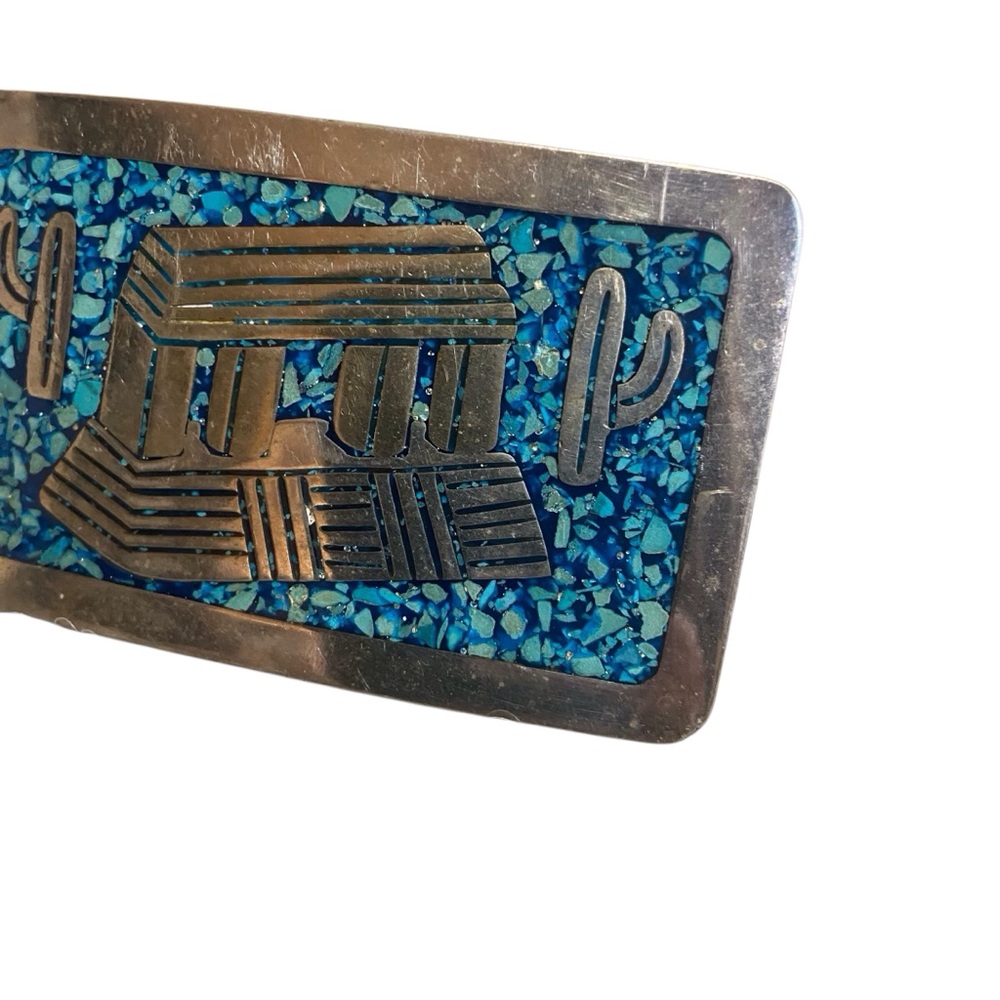 Vintage Mexican Sterling Silver Turquoise Inlay Belt Buckle - Picture 3 of 12